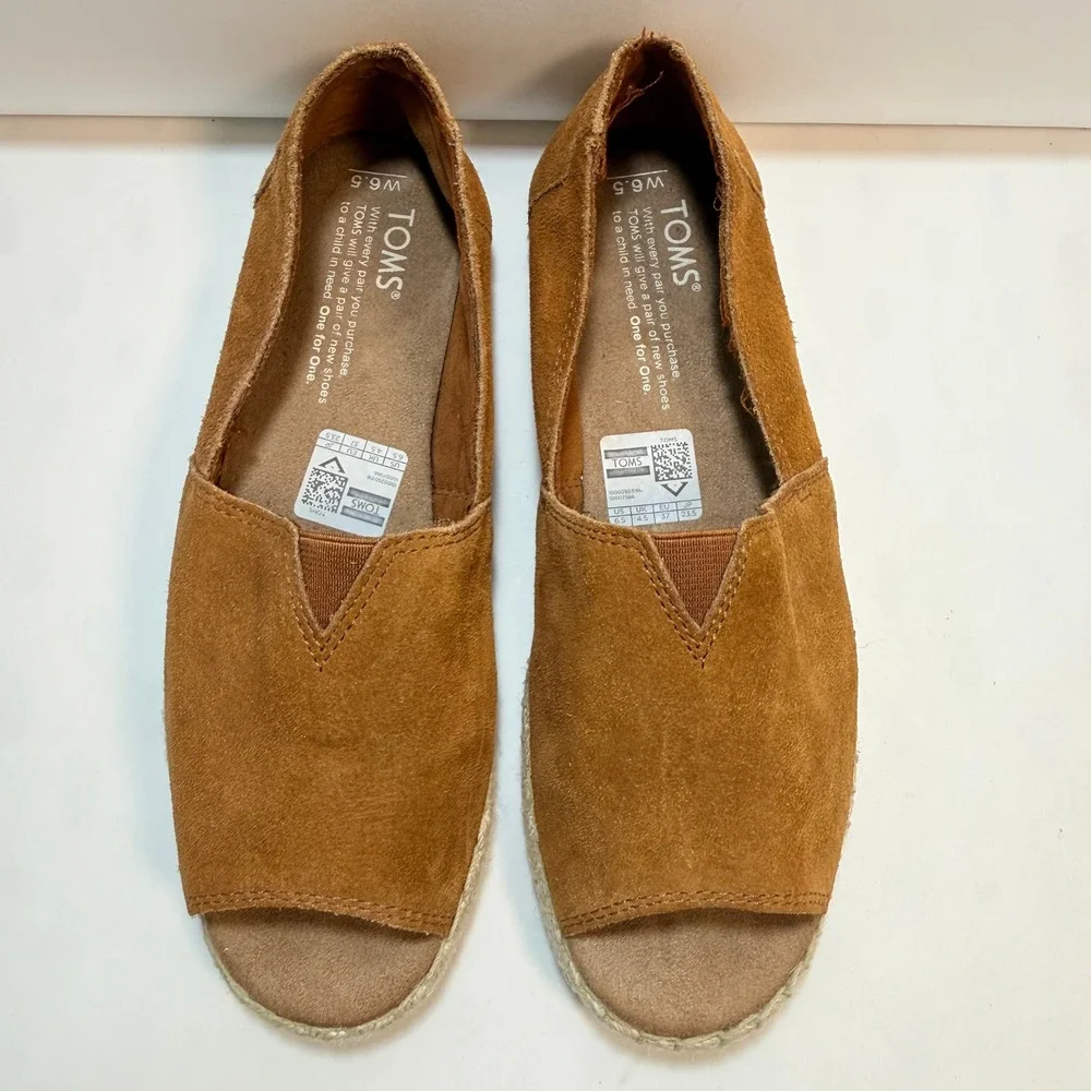 TOMS Suede Peep Toe Espadrille Flats Womens 6.5 Brown Slip On Casual Shoes